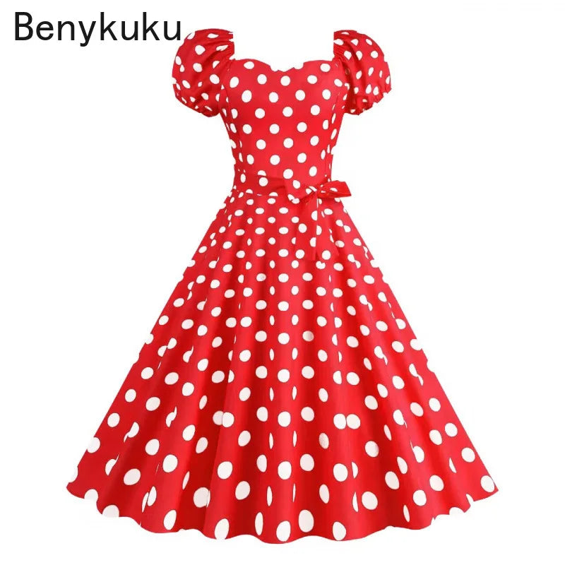Retro Red Polka Dot Summer Dress Audrey Hepburn Vintage Swing Clothes Puff Sleeve 50s 60s Pin Up Rockabilly Dresses Robe Femme