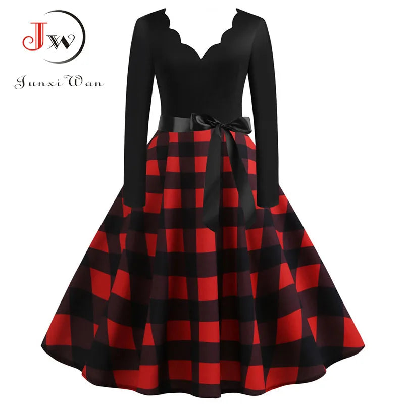 Women Long Sleeve Winter Vintage Dresses Sexy Black Music Note Print V-neck Rockabilly Pin up Party Dress Vestidos Plus size