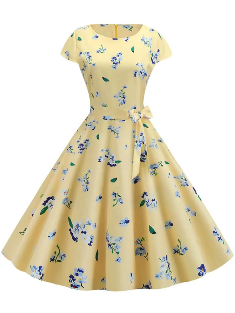 Summer Polka Dot Dress Women Elegant Short Sleeve A-Line Midi Party Dress Sundress Robe Rockabilly Vestidos