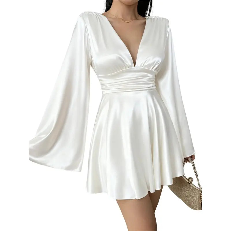 CYL-Women's Deep V Neck Long Sleeve Mini Satin Silk Dress Elegant Flowy Wedding Guest Party Short Dresses