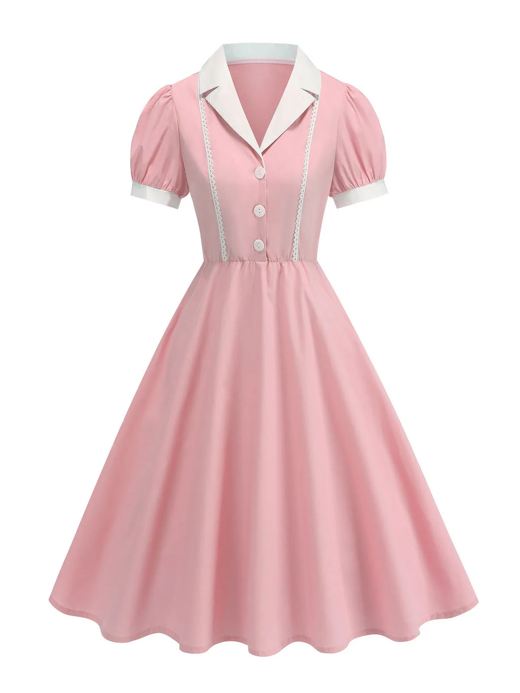 Tonval Notched Collar Puff Sleeve 1950s Pinup Vintage Dress Buttons Front Women 2026 Summer Clothes Lace Detail Swing Dresses