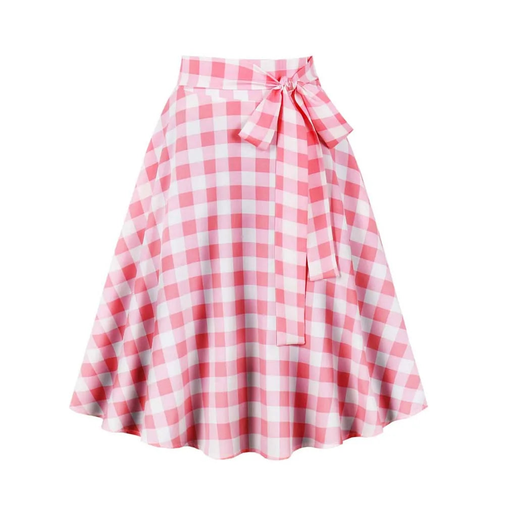 Summer Midi Skirt Women Elegant Vintage 50s 60s Pink Plaid Printed Pinup Rockabilly Skirts