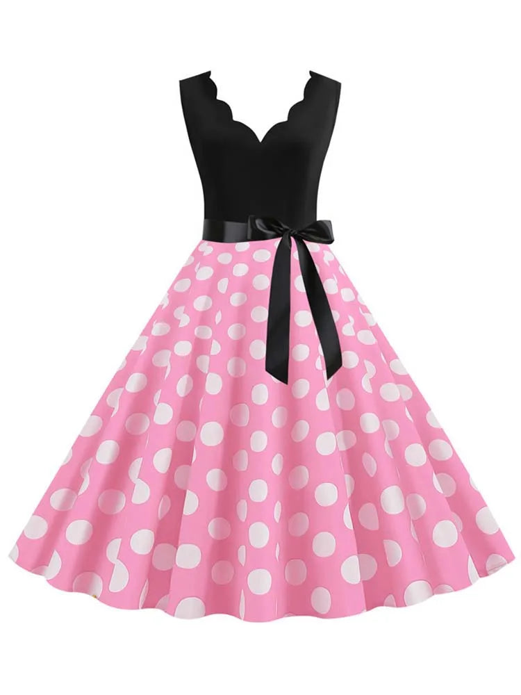 Black Dot Summer Dress Women Pinup Elegant Vintage Party Dress Casual Office Tank Sleevelss A Line Vestidos