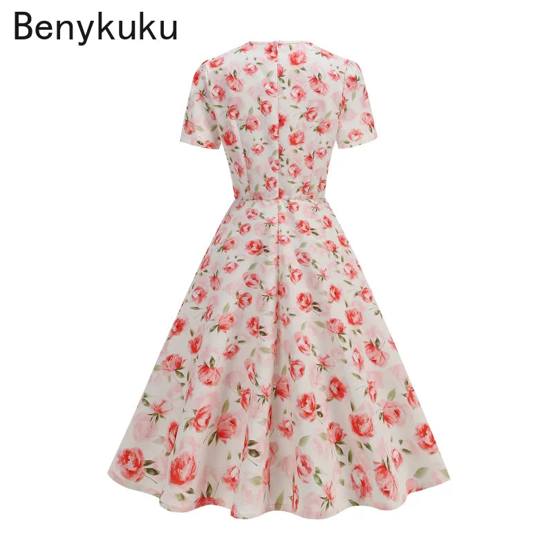 Floral Print Sweetheart Neck Women Dresses for Summer Knee Length Elegant Pleated Dress Vintage 1950s Pinup Retro Clothes 2025