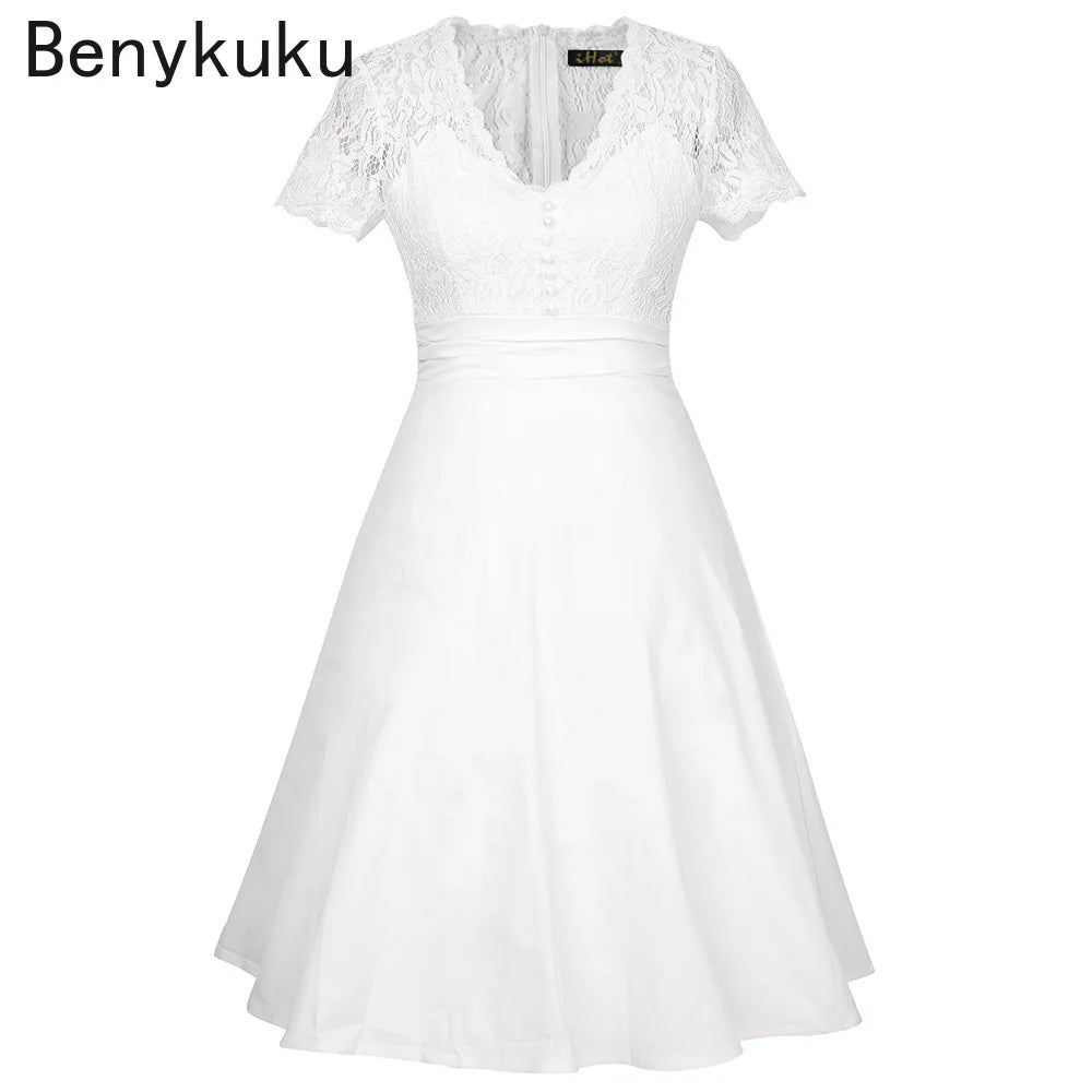 Sexy Deep V Neck High Waist White Lace Patchwork A Line Dress Summer Women Rockabilly Pin Up Casual Evening Party Ladies Dresses