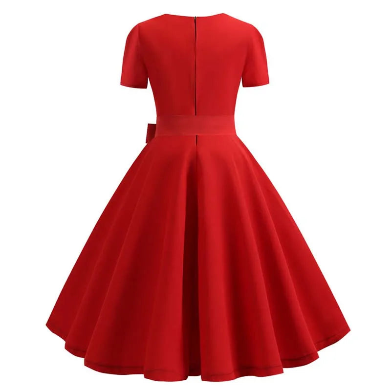 Women Summer Dress Elegant Retro Swing Pinup Casual Short Sleeve Red Party Midi Dresses With Belt