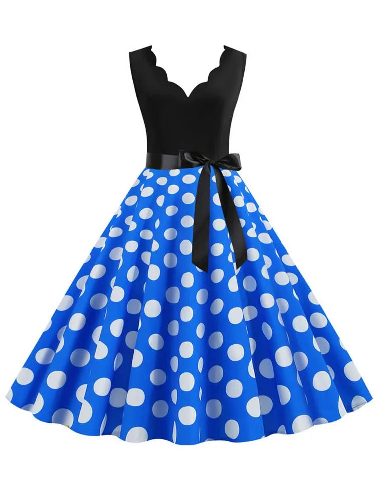 Black Dot Summer Dress Women Pinup Elegant Vintage Party Dress Casual Office Tank Sleevelss A Line Vestidos