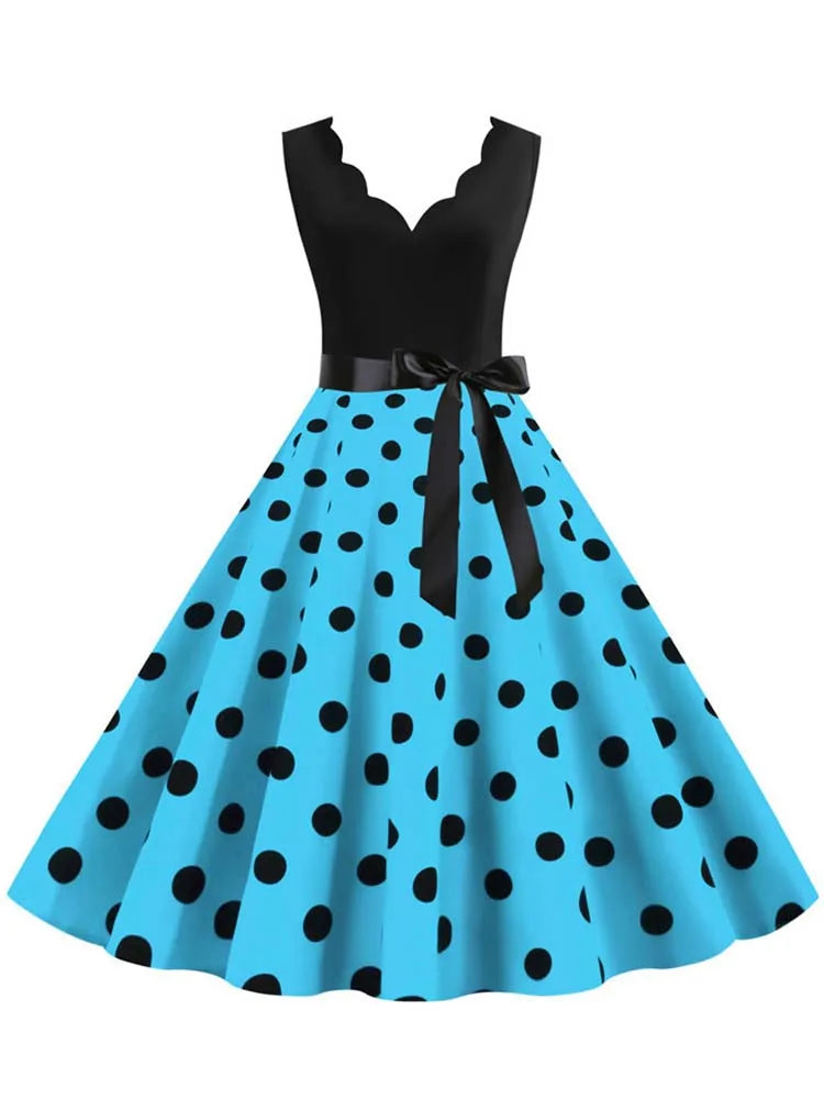 Black Dot Summer Dress Women Pinup Elegant Vintage Party Dress Casual Office Tank Sleevelss A Line Vestidos