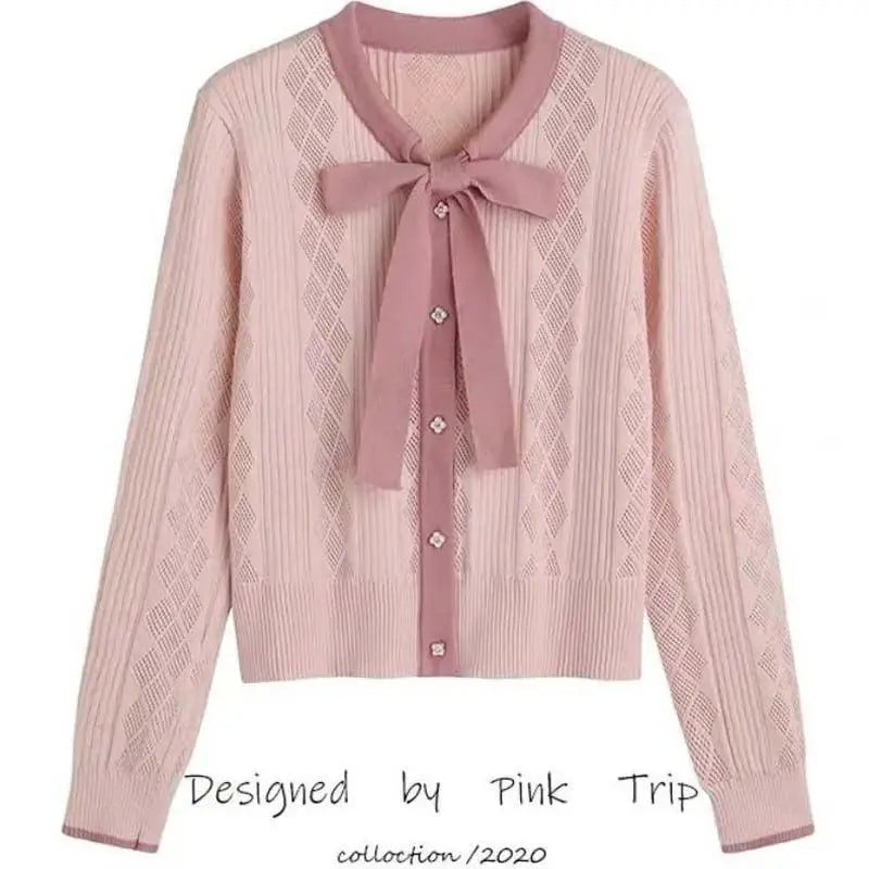 Lace Up Bow Knit Cardigan Spring And Autumn New Women's Color Contrast Hollow Pin Short Slim Top