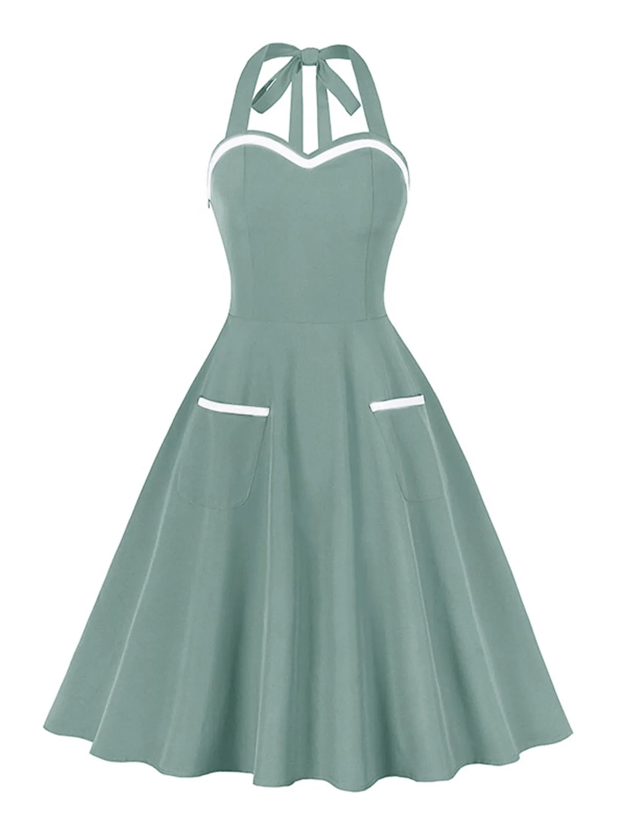 Tonval Halter Neck 50s Retro Pinup Clothing Green Dresses for Women Backless Cocktail Party Pockets Front Vintage Flare Dress