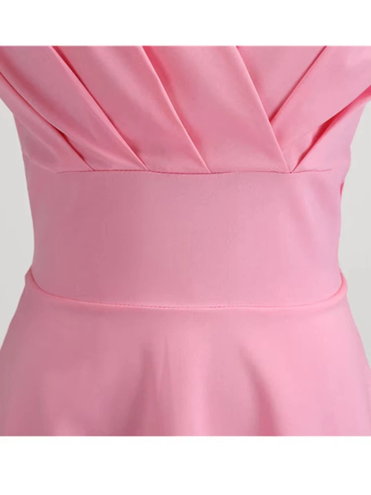 Pink Summer Dress Women V Neck Vintage Robe Elegant Retro pin up Party Office Midi Dresses