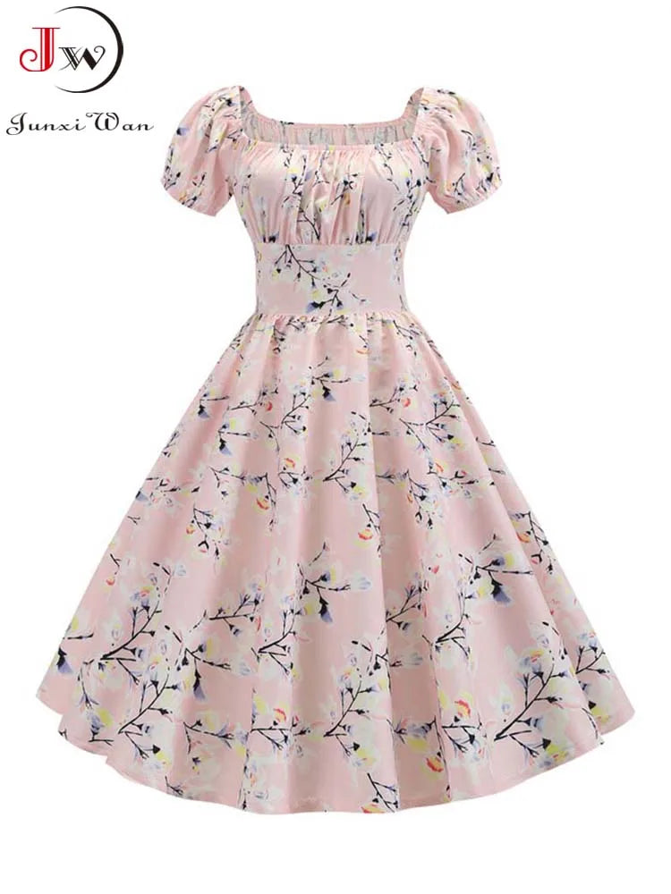Elegant Floral Print Summer Dress Women Puff Sleeve Swing Vintage Pin up Party Robe Femme Classic Jurken Style