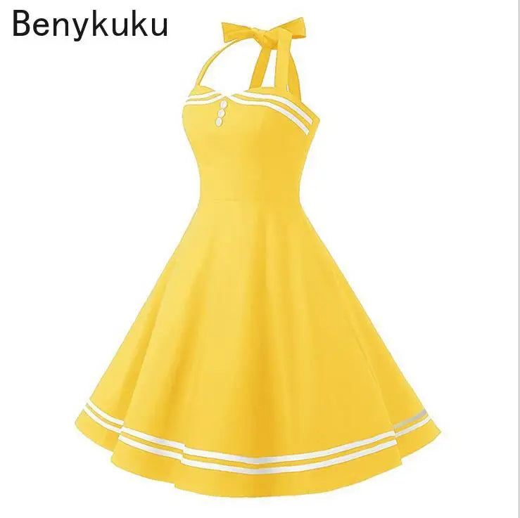 Vintage Halter Yellow Dress Sexy Retro Robe Femme Pin Up Rockabilly Party Dress Big Swing Vestidos Summer Clothes for Women 2025