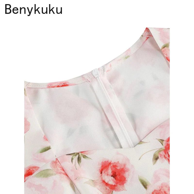 Floral Print Sweetheart Neck Women Dresses for Summer Knee Length Elegant Pleated Dress Vintage 1950s Pinup Retro Clothes 2025