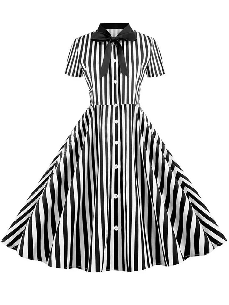 Black Polka Dot Print Summer Dress for Women Short Sleeve Striped Bow Elegant Vintage 50s Pin up Party Vestidos