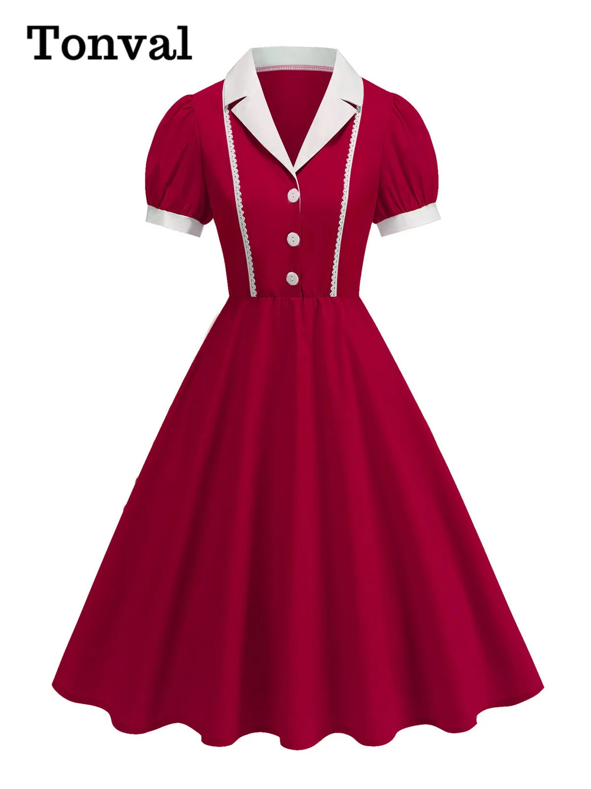 Tonval Notched Collar Puff Sleeve 1950s Pinup Vintage Dress Buttons Front Women 2026 Summer Clothes Lace Detail Swing Dresses