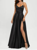 Classic Spaghetti Straps Side Split Back Lace Up Satin Long Bridesmaid Dress