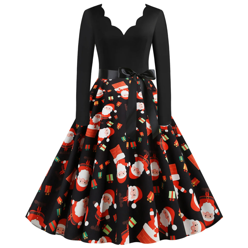 2025 New Vintage Women Long Sleeve Winter Dresses Retro Sexy Black Music Note Print V-neck Rockabilly Pin Up Party Dress Vestido