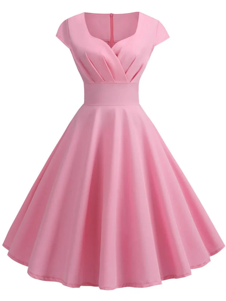 Summer Dress Women Short Sleeve Hepburn 50s 60s Vintage Pin Up Rockabilly Dress Robe Elegant Evening Party Dress