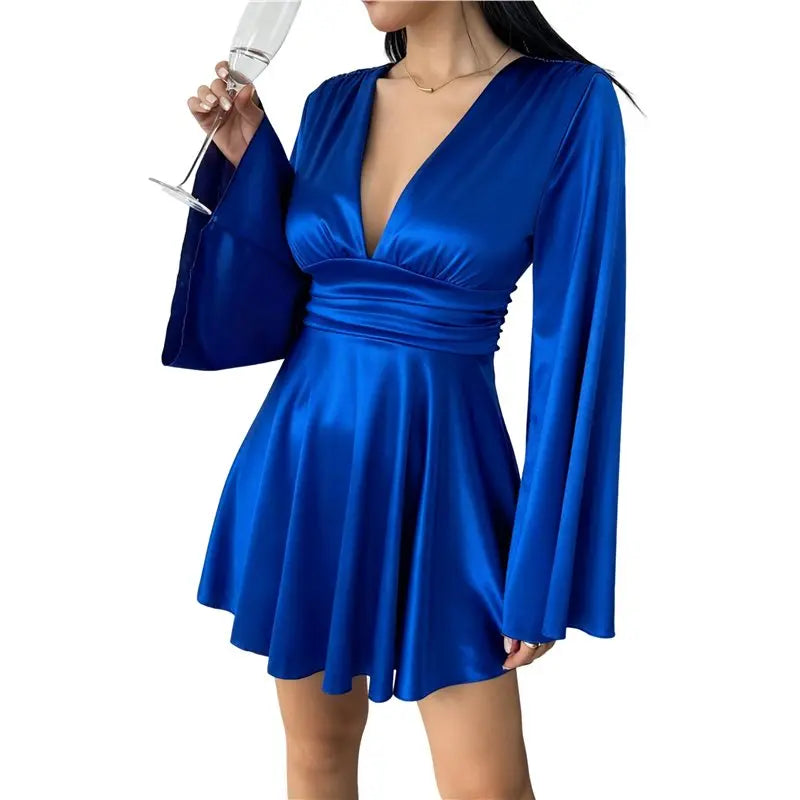 CYL-Women's Deep V Neck Long Sleeve Mini Satin Silk Dress Elegant Flowy Wedding Guest Party Short Dresses
