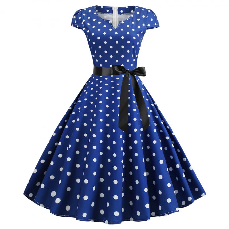 Women Vintage 1950s 60s  Polka Dot Big Swing Dress Aesthetic Bowknot Sash Belt Gown Pinup Rockabilly Party Sundress Elegant Robe