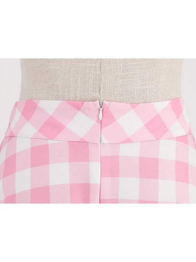 Summer Midi Skirt Women Elegant Vintage 50s 60s Pink Plaid Printed Pinup Rockabilly Skirts
