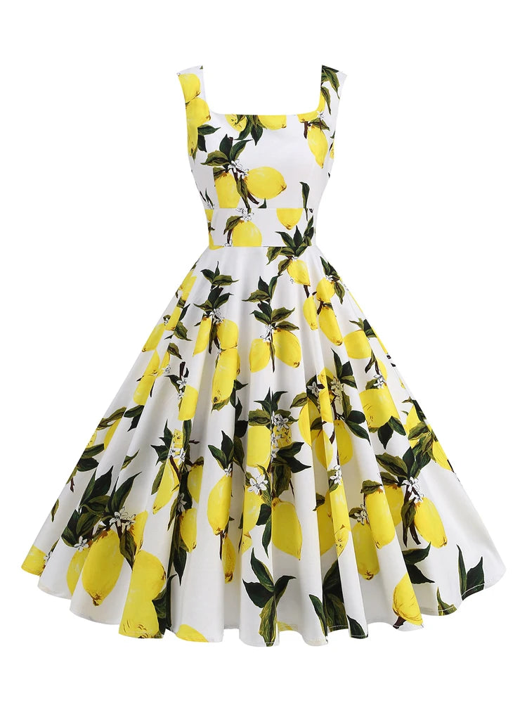 Tonval Lemon Print 40s 50s Pinup Vintage Women Cotton Dresses Square Neck Summer Sleeveless High Waist Elegant Party Dress