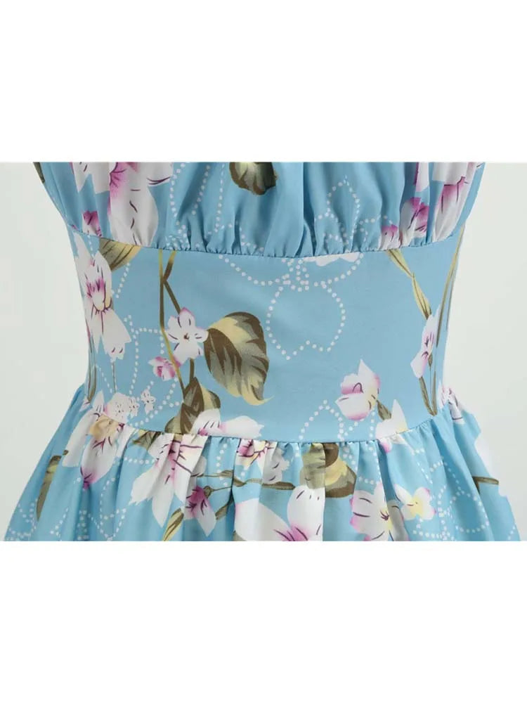 Women's Vintage Floral Print Puff Sleeve Midi Dress Elegant A-line Rockabilly Pinup Summer Party Robe Chic Vestidos