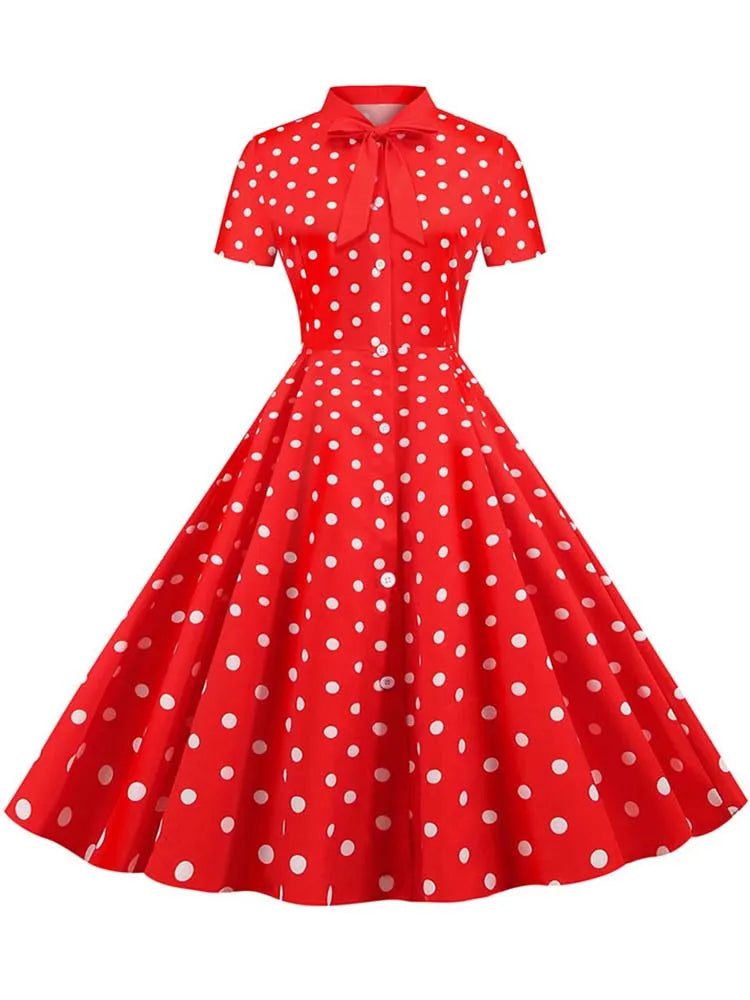 Black Polka Dot Print Summer Dress for Women Short Sleeve Striped Bow Elegant Vintage 50s Pin up Party Vestidos