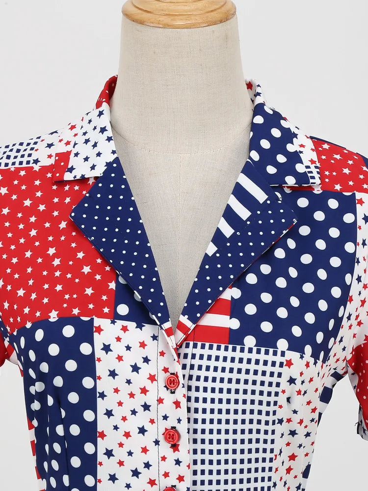 Tonval Notched Collar Button Up Star Print Summer Dress 2023 Women Short Sleeve Belted 50s 60s Pinup A-Line Vintage Dresses