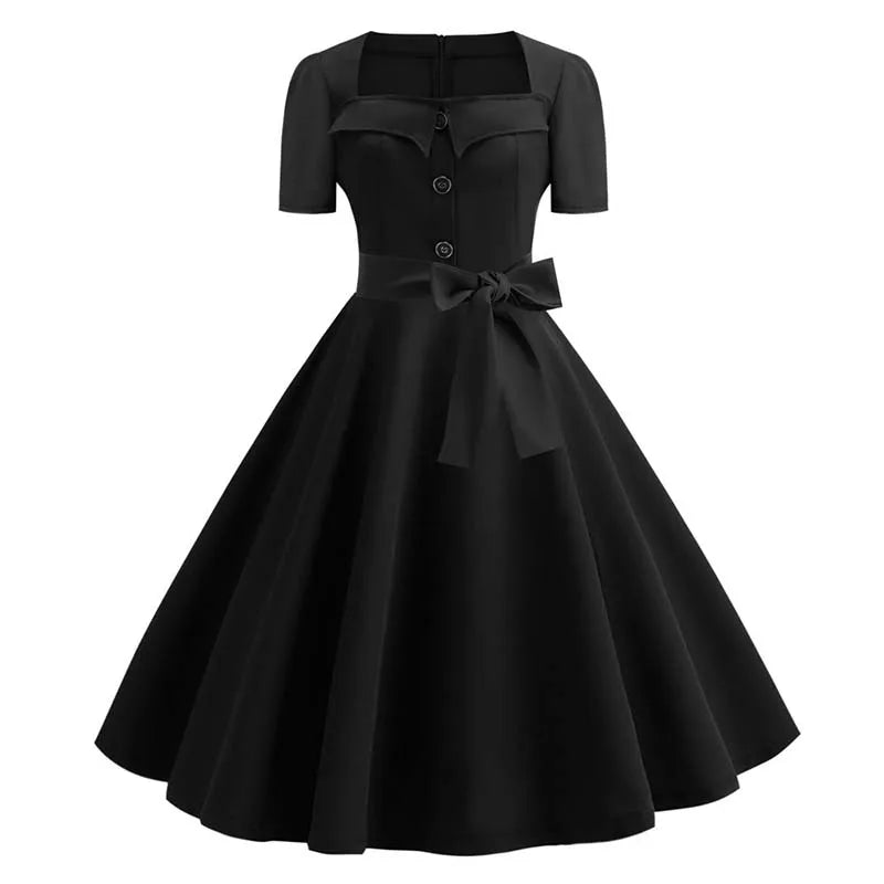 Women Summer Dress Elegant Retro Swing Pinup Casual Short Sleeve Red Party Midi Dresses With Belt