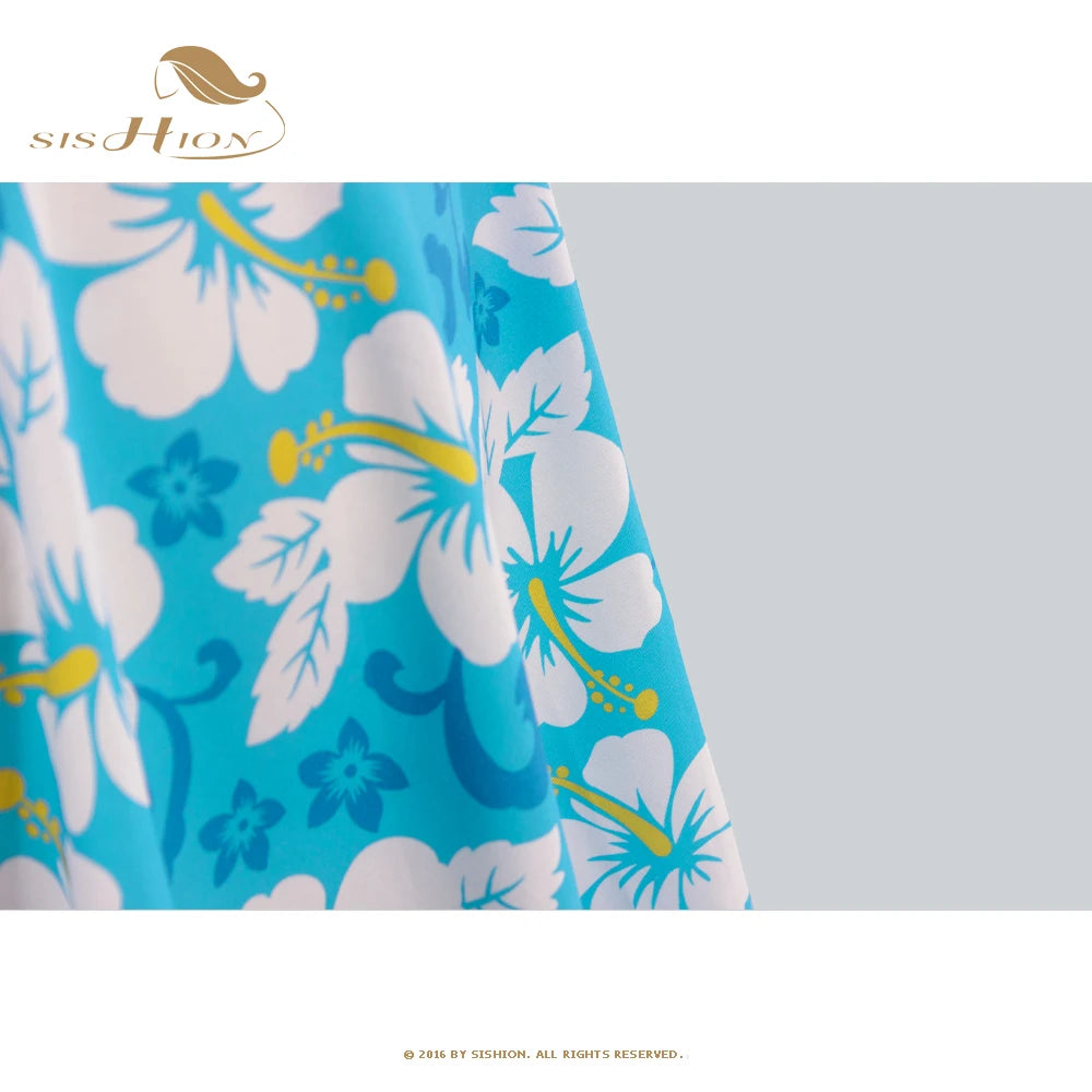 SISHION High Waist Blue Flower Printed Floral Skirt VD0020 Cotton A Line Pin Up 1950s 60s Rockabilly Vintage Skirts