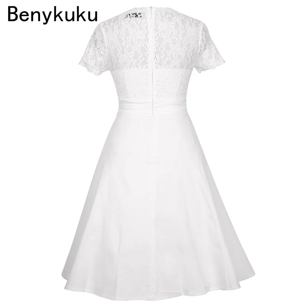 Sexy Deep V Neck High Waist White Lace Patchwork A Line Dress Summer Women Rockabilly Pin Up Casual Evening Party Ladies Dresses
