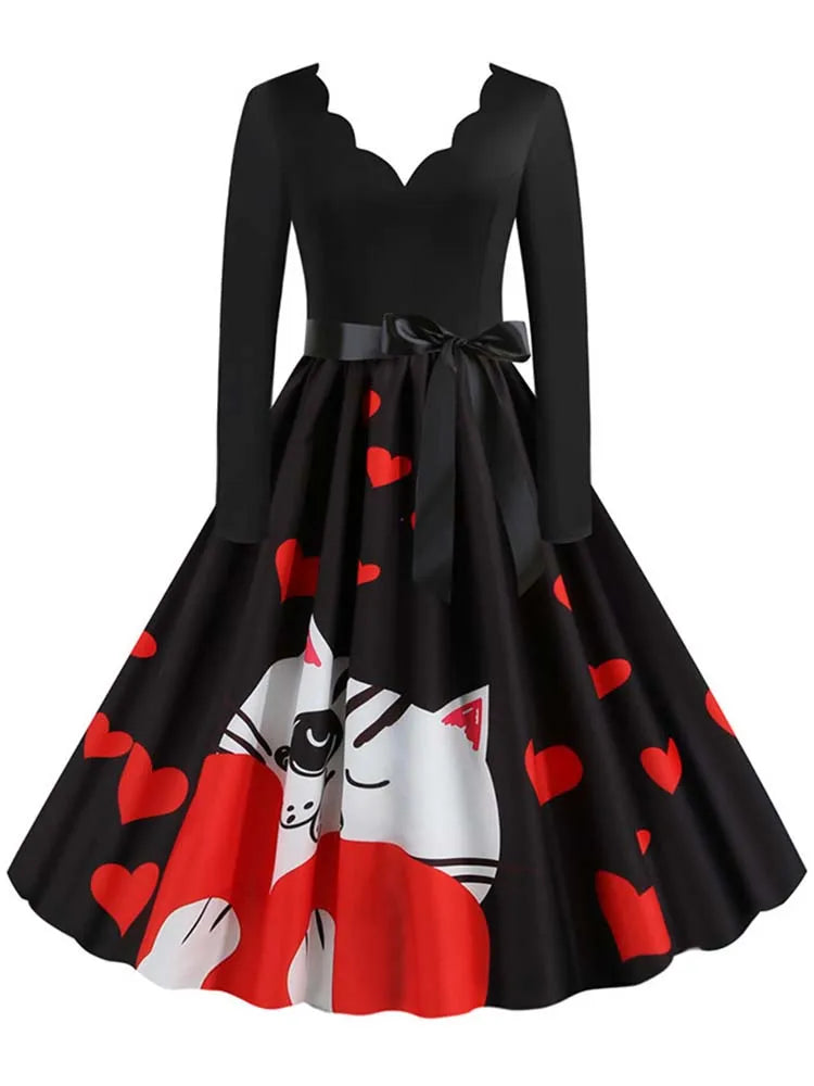 Women Long Sleeve Winter Vintage Dresses Sexy Black Music Note Print V-neck Rockabilly Pin up Party Dress Vestidos Plus size