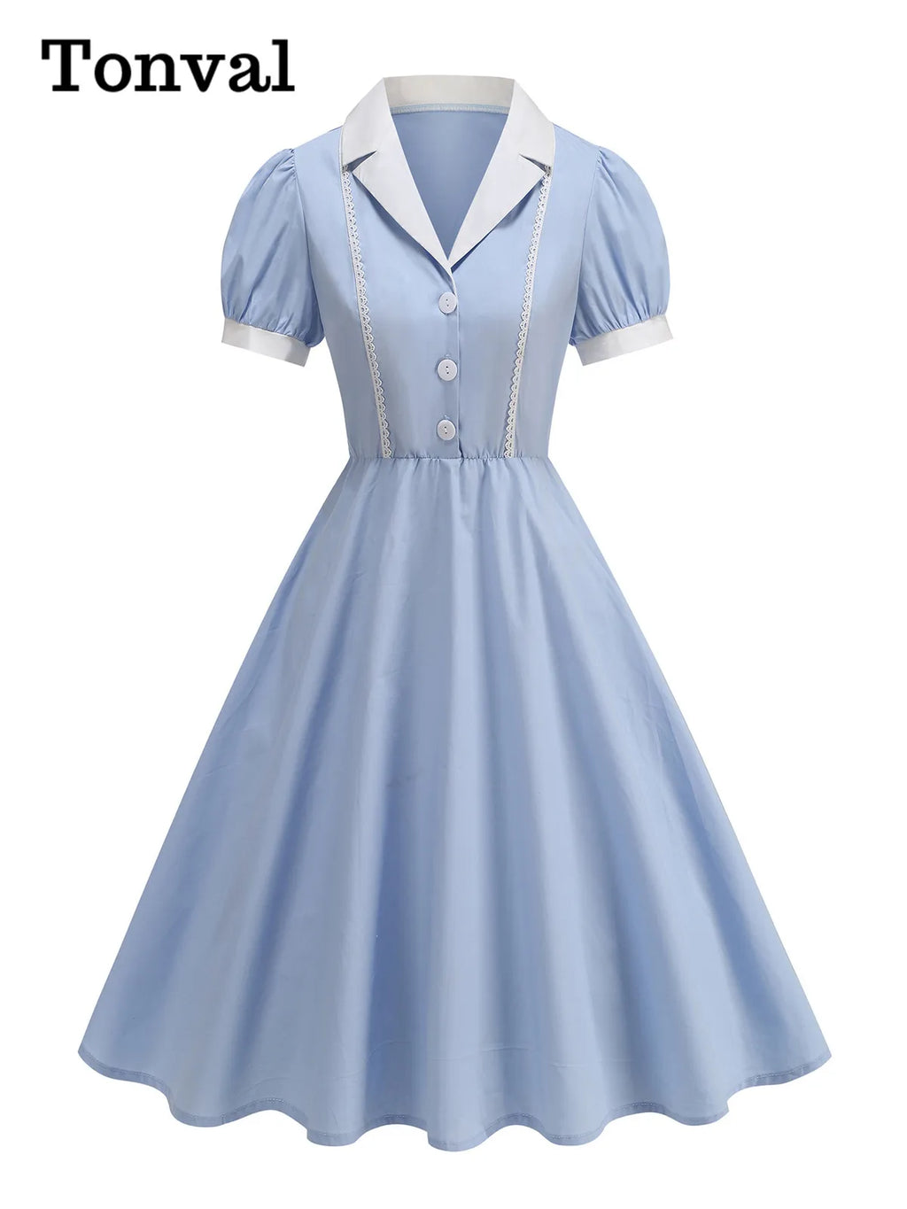 Tonval Notched Collar Puff Sleeve 1950s Pinup Vintage Dress Buttons Front Women 2026 Summer Clothes Lace Detail Swing Dresses