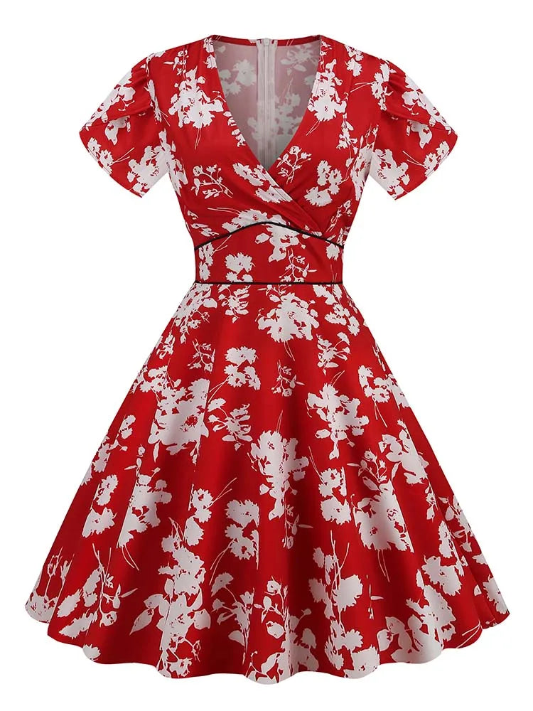 Print Summer Women Vintage Dress Retro Pin UP Casual Party Robe 60s 50s Swing Sundress Short Sleeve V Neck Midi Vestidos