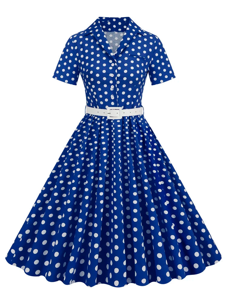 Tonval Polka Dot 50s Pinup Robe Button Up Pleated Vintage Style Dress Women Elegant Belted Ladies Rockabilly Long Dresses