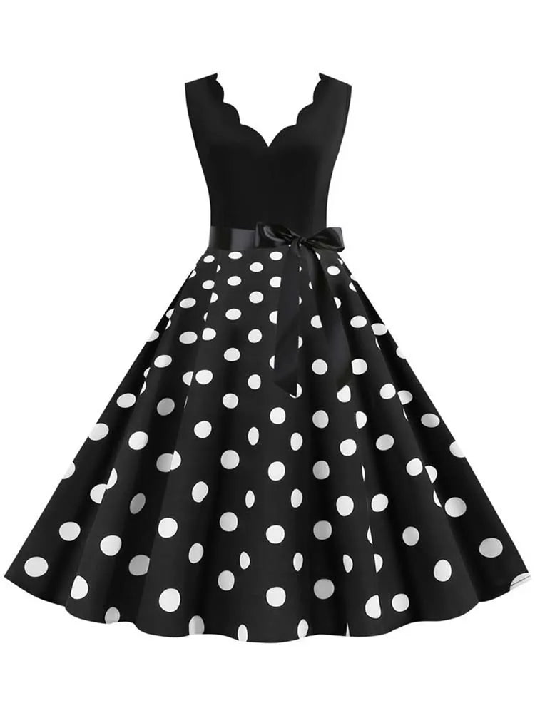 Black Dot Summer Dress Women Pinup Elegant Vintage Party Dress Casual Office Tank Sleevelss A Line Vestidos