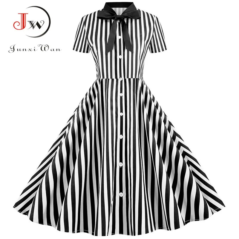 Black Polka Dot Print Summer Dress for Women Short Sleeve Striped Bow Elegant Vintage 50s Pin up Party Vestidos