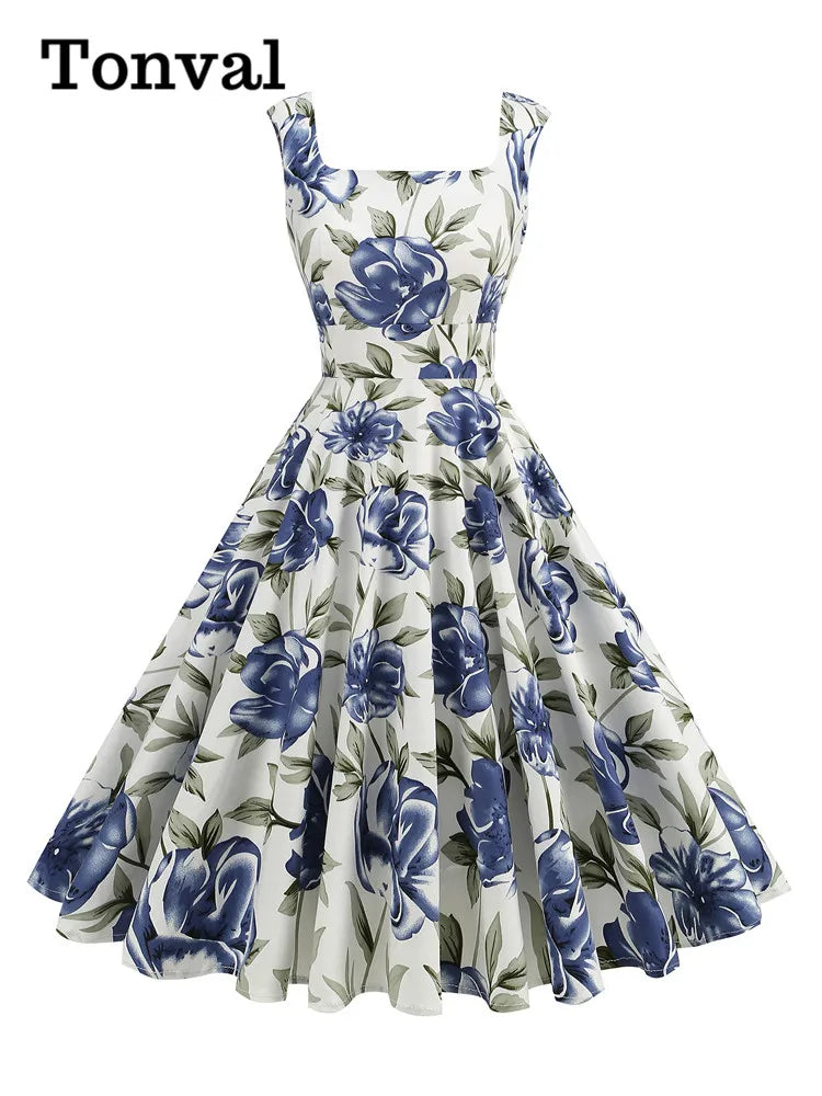 Tonval Lemon Print 40s 50s Pinup Vintage Women Cotton Dresses Square Neck Summer Sleeveless High Waist Elegant Party Dress