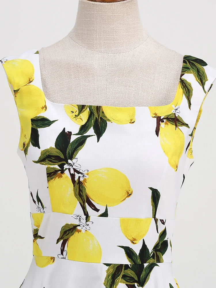 Tonval Lemon Print 40s 50s Pinup Vintage Women Cotton Dresses Square Neck Summer Sleeveless High Waist Elegant Party Dress