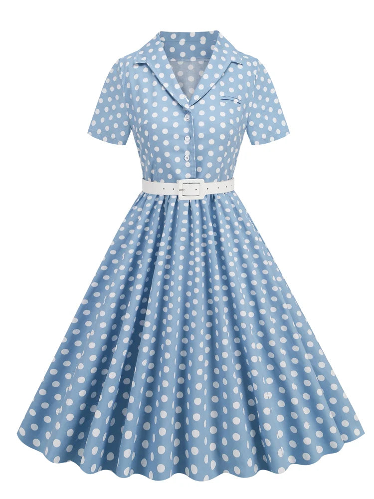 Tonval Polka Dot 50s Pinup Robe Button Up Pleated Vintage Style Dress Women Elegant Belted Ladies Rockabilly Long Dresses