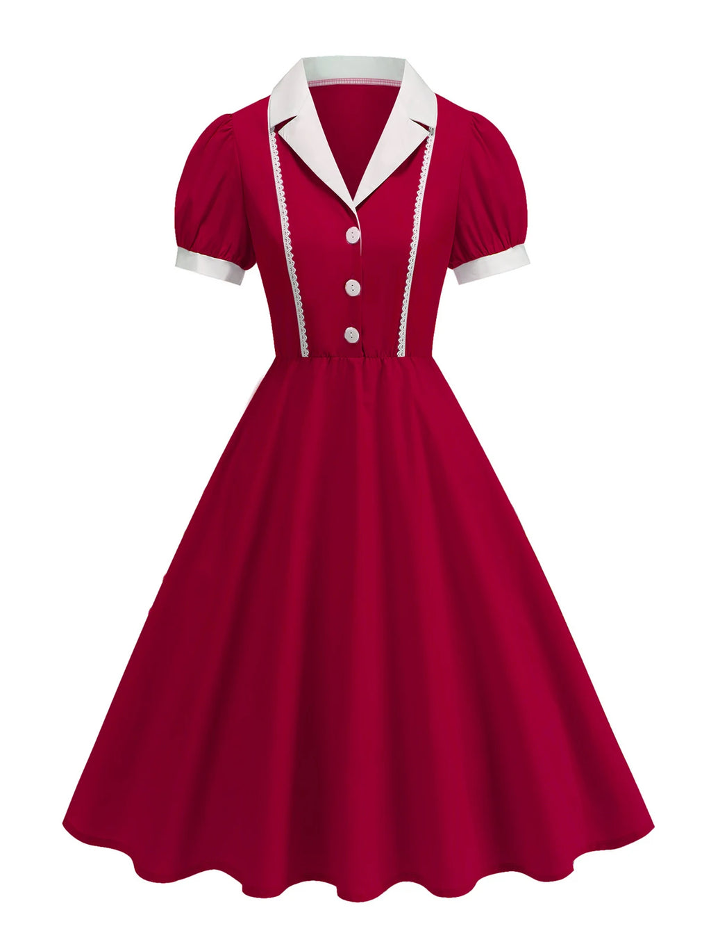 Tonval Notched Collar Puff Sleeve 1950s Pinup Vintage Dress Buttons Front Women 2026 Summer Clothes Lace Detail Swing Dresses