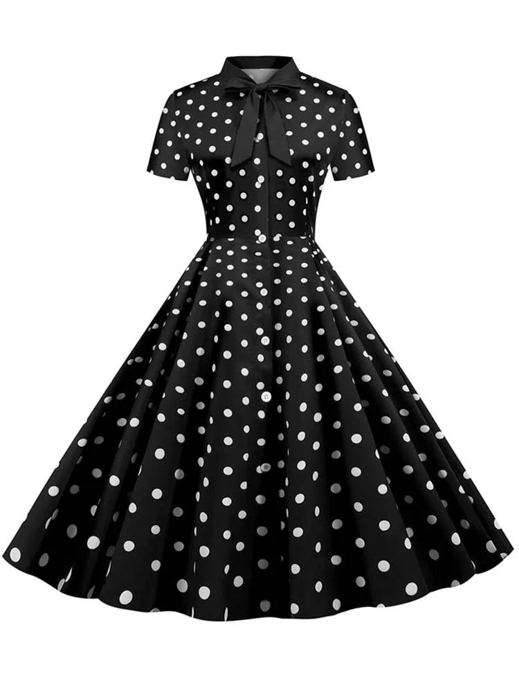 Black Polka Dot Print Summer Dress for Women Short Sleeve Striped Bow Elegant Vintage 50s Pin up Party Vestidos