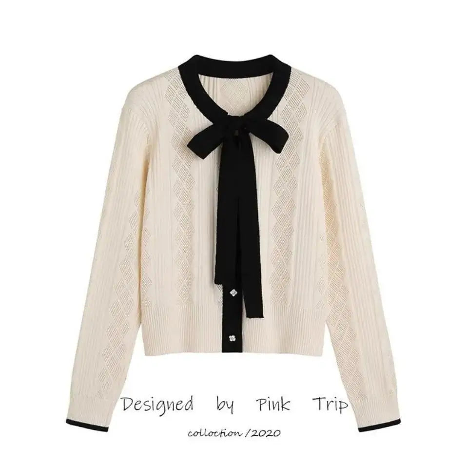 Lace Up Bow Knit Cardigan Spring And Autumn New Women's Color Contrast Hollow Pin Short Slim Top