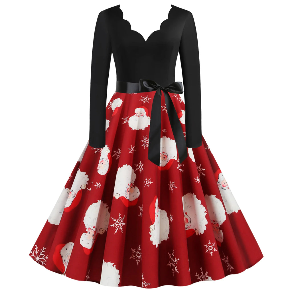 2025 New Vintage Women Long Sleeve Winter Dresses Retro Sexy Black Music Note Print V-neck Rockabilly Pin Up Party Dress Vestido