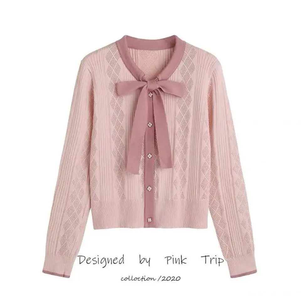 Lace Up Bow Knit Cardigan Spring And Autumn New Women's Color Contrast Hollow Pin Short Slim Top