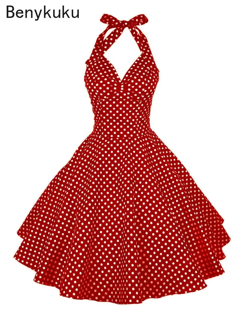 Polka Dot Hepburn Style 50s 60s Vintage Dress A-Line Backless Halter Pin Up Rockabilly Dress Women Summer Retro Party Vestidos
