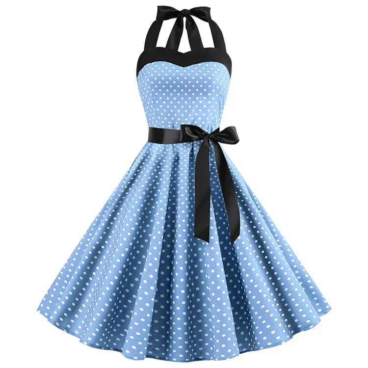 2025 New Spring Summer Sexy Retro White Polka Dot Dress Hepburn Women Vintage Halter Party Dresses 1950s Pin Up Rockabilly Robe