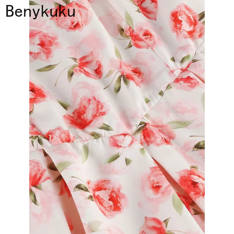 Floral Print Sweetheart Neck Women Dresses for Summer Knee Length Elegant Pleated Dress Vintage 1950s Pinup Retro Clothes 2025